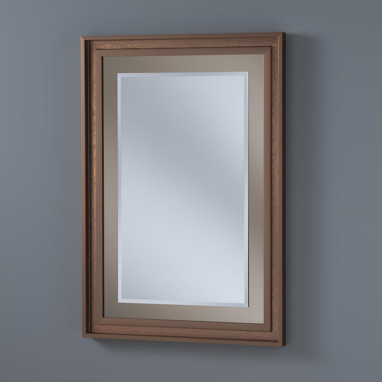 The Artivis Rectangle Wall Mirror - Bronze Lacquered graces the gray wall, its elegant frame with two beveled borders adding depth and dimension.