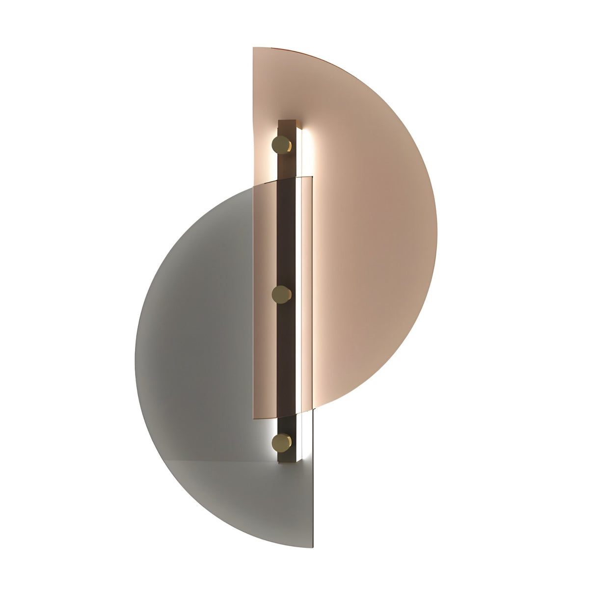 The Papillon LED Wall Light in Silver & Bronze features two overlapping semi-circular panels, mounted vertically on a black strip with brass accents, emitting backlighting for a striking modern look.