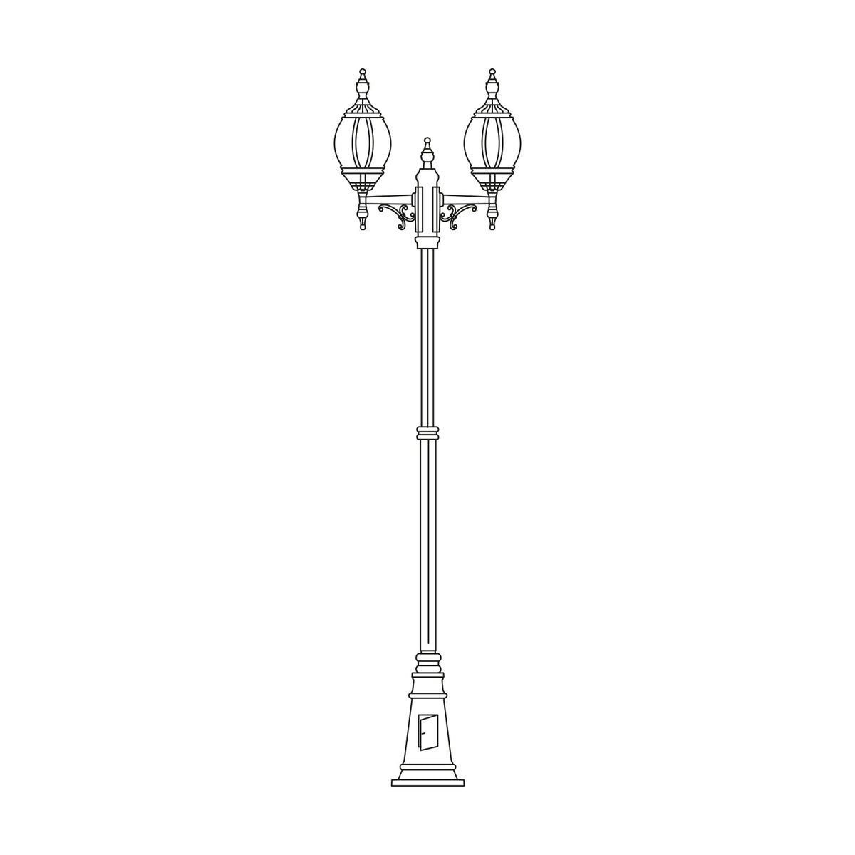 Line drawing of the Mullion Large cast aluminium outdoor lamp post, 300cm column with twin lantern heads on scrolled arms and a stepped plinth base, shown on a plain white background.