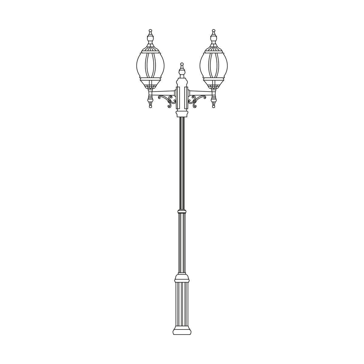 Mullion cast aluminium outdoor lamp post with adjustable 202-267cm fluted column, scrolled brackets and two oval lantern heads with clear polycarbonate lenses, on a plain white background.