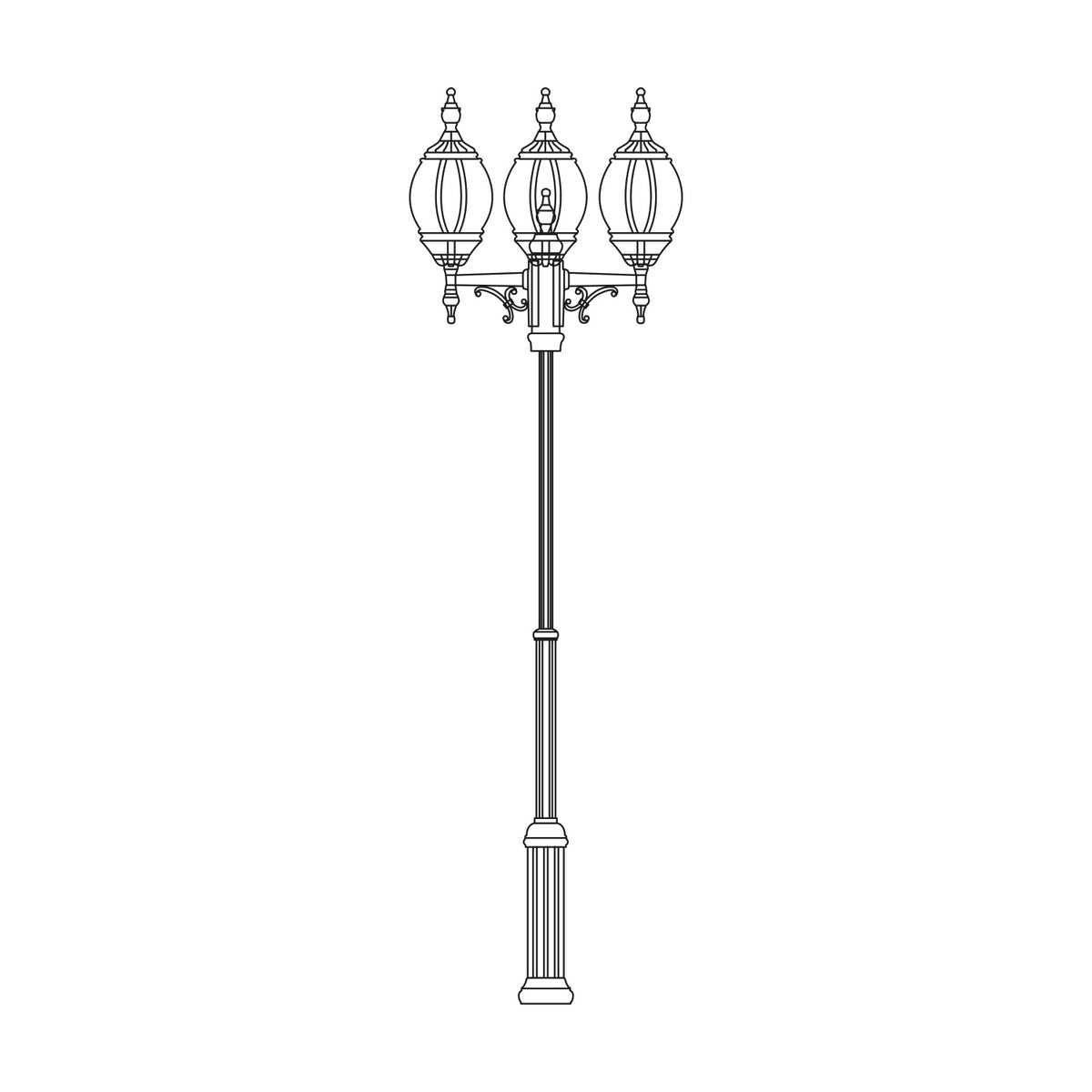 Mullion Large cast aluminium outdoor lamp post with adjustable 193-258cm fluted column and 3 ornate lantern heads with clear polycarbonate lenses, shown in black line art on a white background.