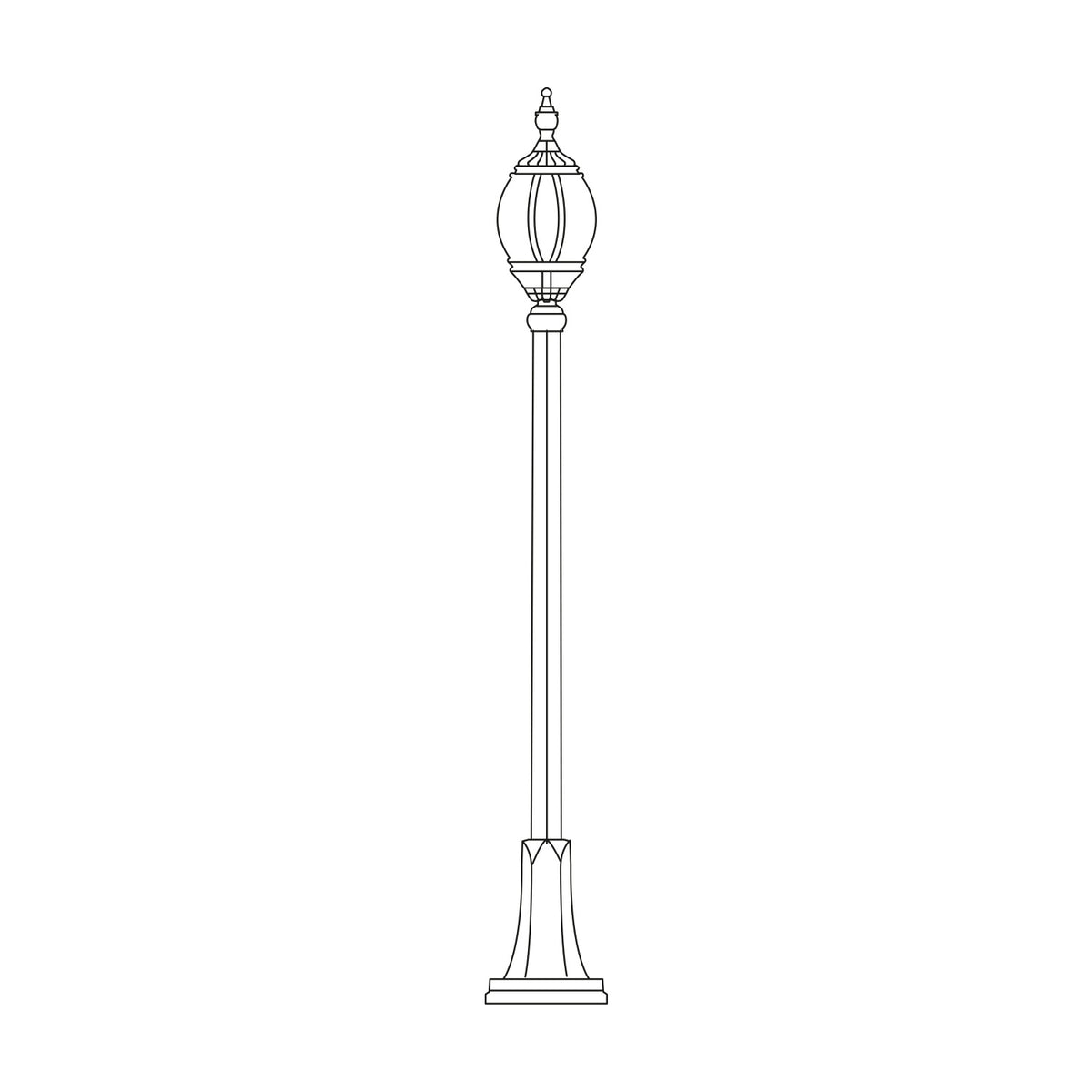 Mullion Large cast aluminium outdoor lamp post, 168cm, with a globe-style lantern head atop a slim column on a wide ribbed flange base, shown in line-art outline on a plain white background.