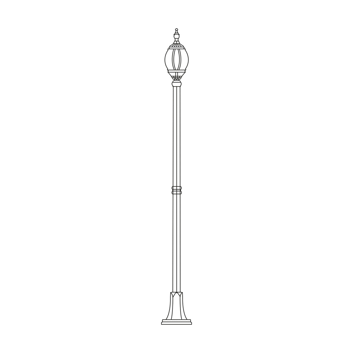 Mullion Large cast aluminium outdoor lamp post, 224cm, with slim column, ribbed flange-plate base, and single lantern head, shown as a line drawing on a white background.
