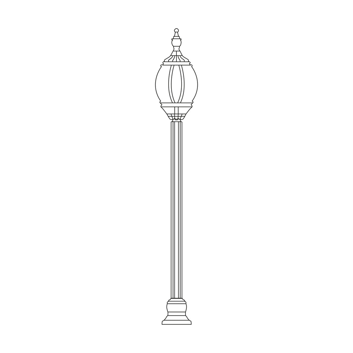 Mullion cast aluminium outdoor lamp post, 145cm column with single ornate lantern head and clear polycarbonate lens, shown in line-art style on a plain white background.
