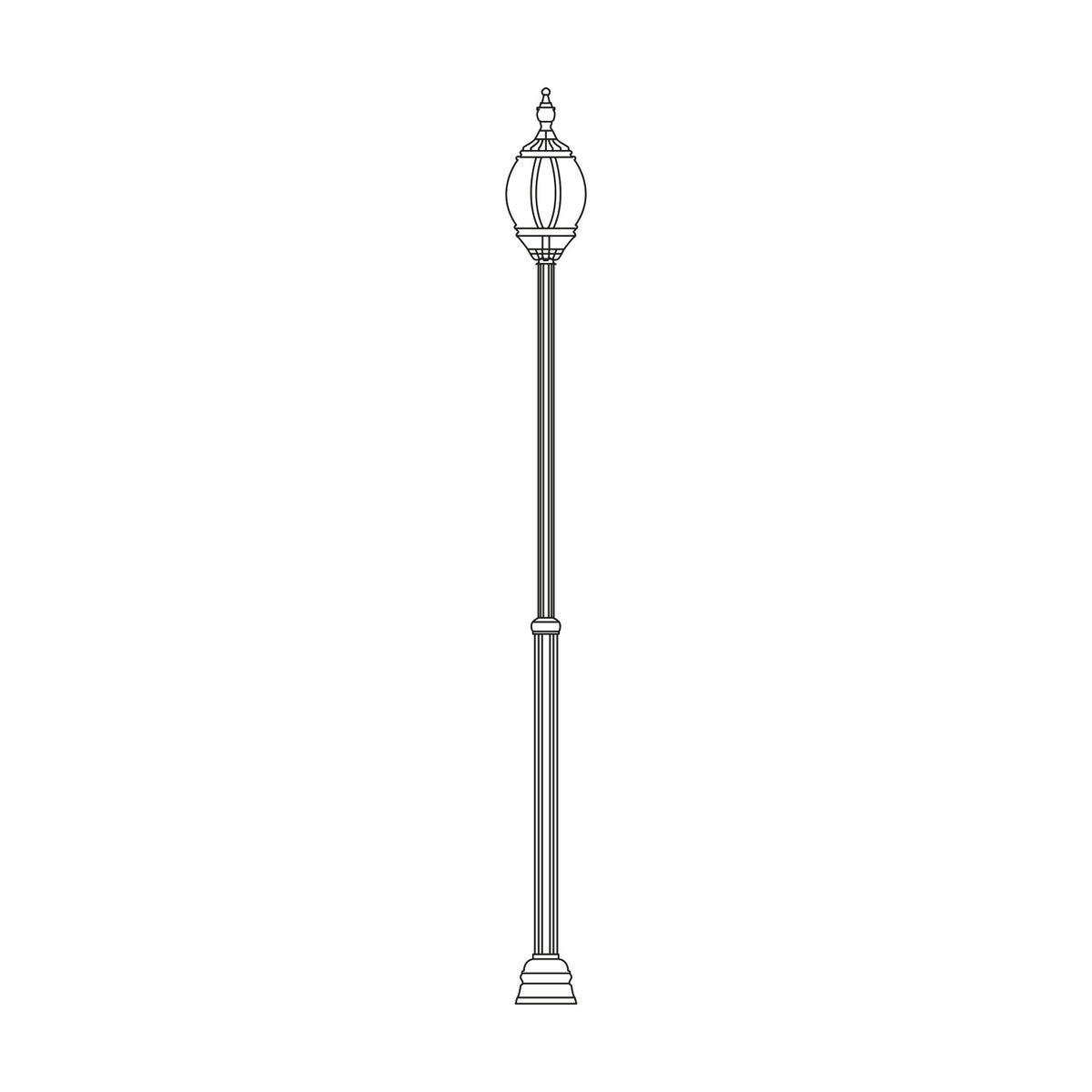 Mullion Large outdoor lamp post with cast aluminium column, adjustable height, single lantern head with clear polycarbonate lens, line drawing on plain white background.