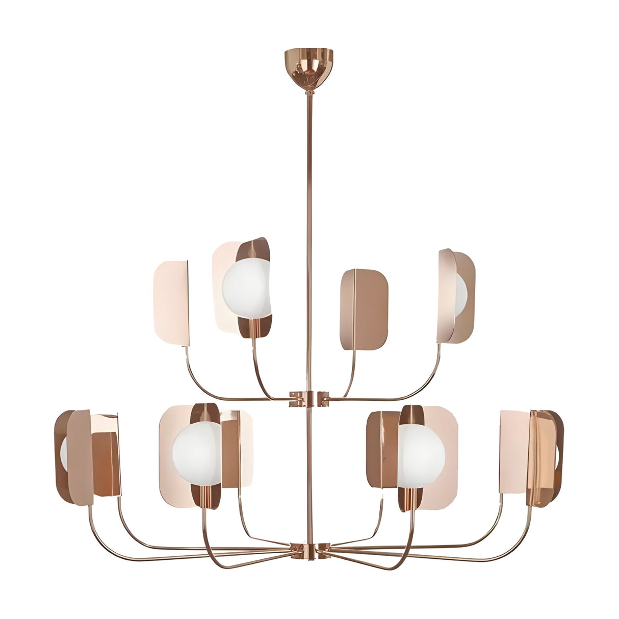 The Petal 12 Light Chandelier - Copper offers a modern look with two tiers of curved arms, frosted white round bulbs, and rectangular copper panels.
