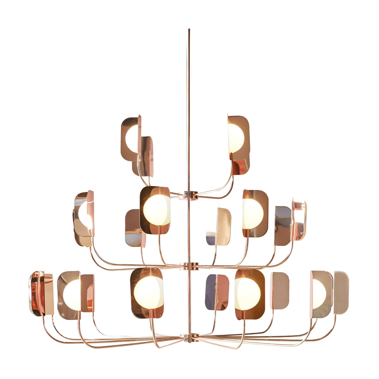 The Petal 24 Light Chandelier - Copper features three tiers of rectangular, metallic frames with a copper finish, white circular bulbs, and gold-colored arms—ideal for grand spaces against a white background.