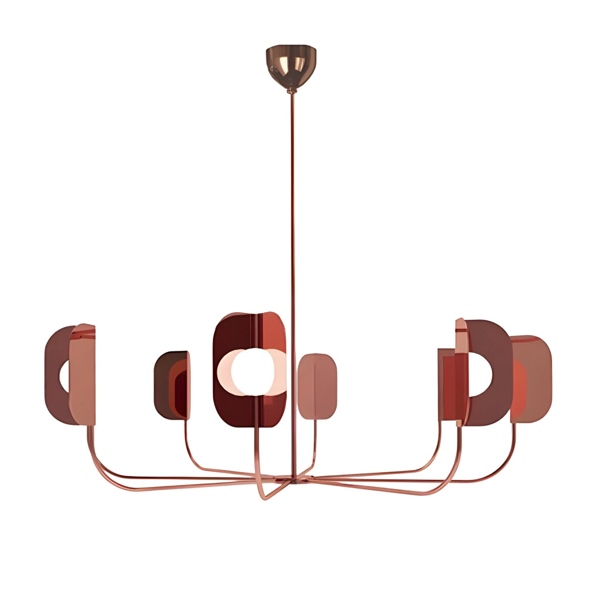 The Petal 8 Light Chandelier - Copper features contemporary rose gold style with eight curved arms, each adorned with flat oval metallic panels around a central light. Suspended from a single rod, it adds modern copper elegance to any space.