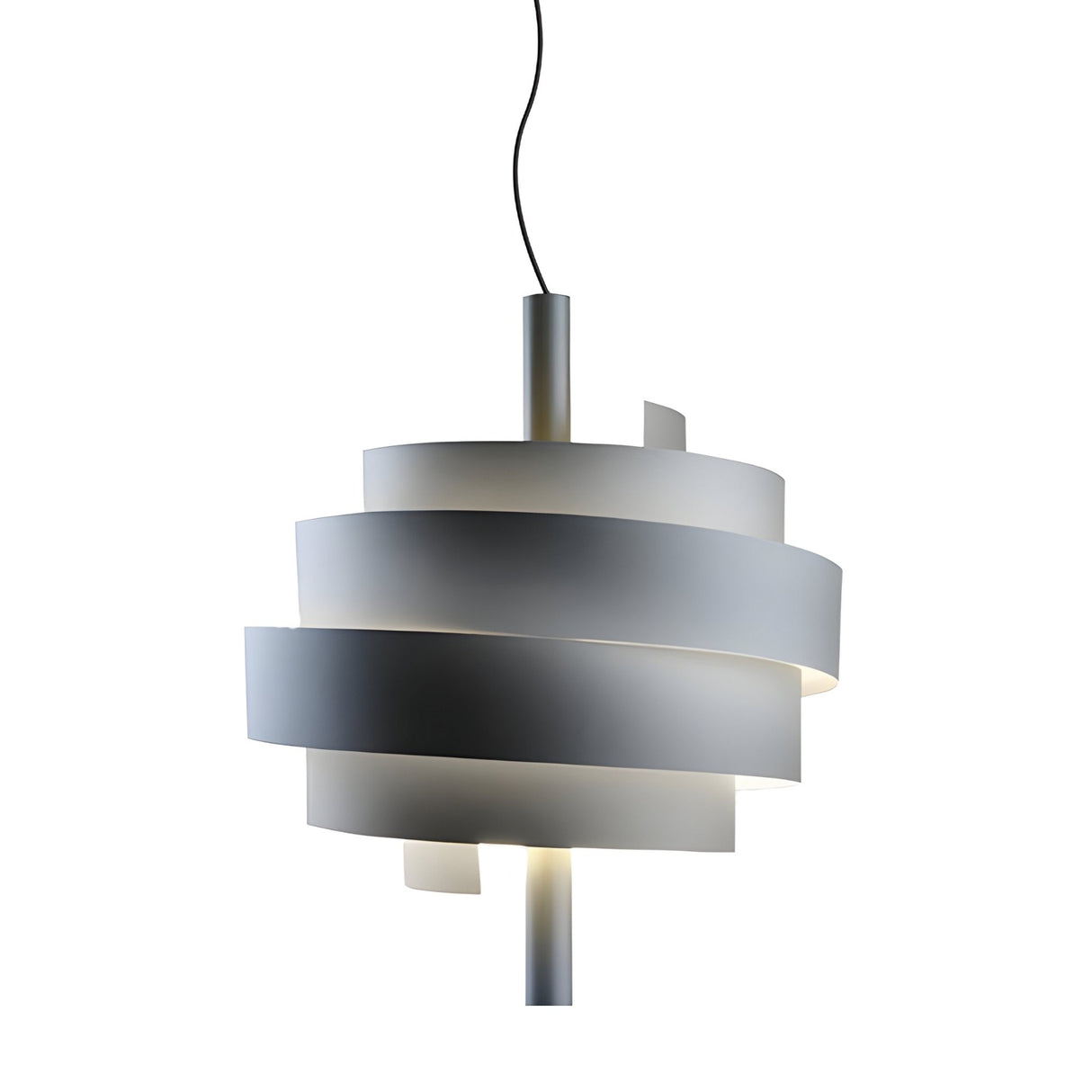 The Picasso Pendant Light - Graphite features a modern spiraling ribbon design with overlapping bands around a central rod, suspended by a black cord for a striking contemporary look.