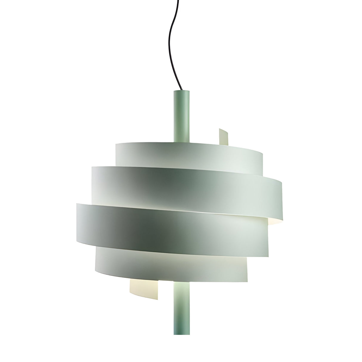 The Picasso Pendant Light - Green features overlapping, organic-shaped curved bands spiraling around a central rod, suspended by a black cord.