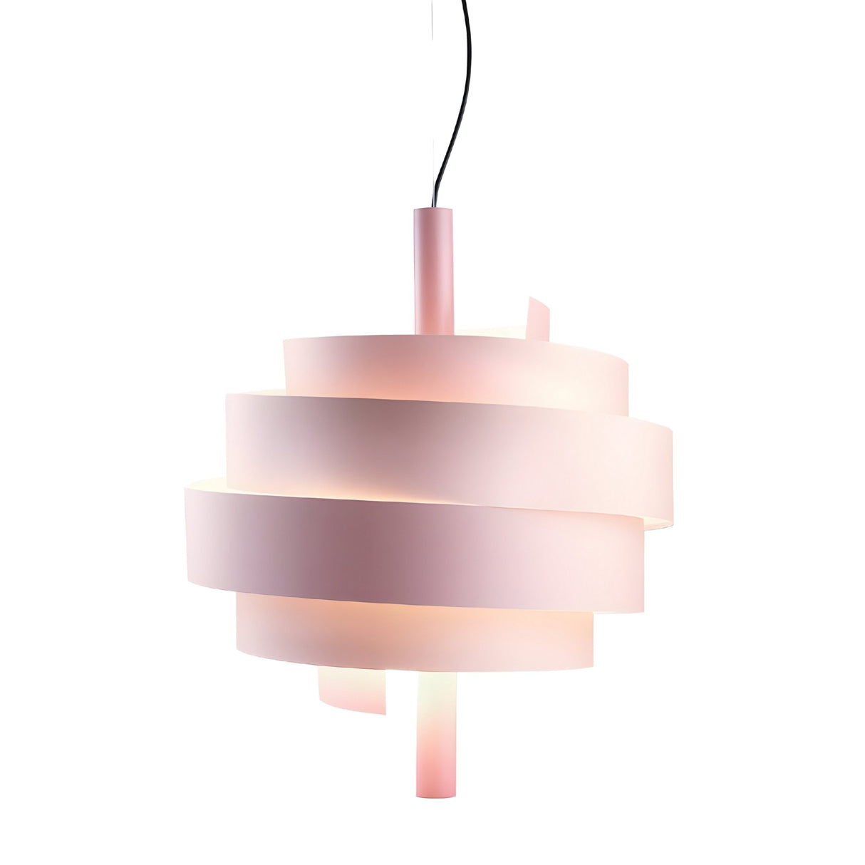The Picasso Pendant Light - Pink features overlapping pink spiral bands around a central bulb, creating a striking spiralling ribbon design, and is suspended from a black cord against a white background.