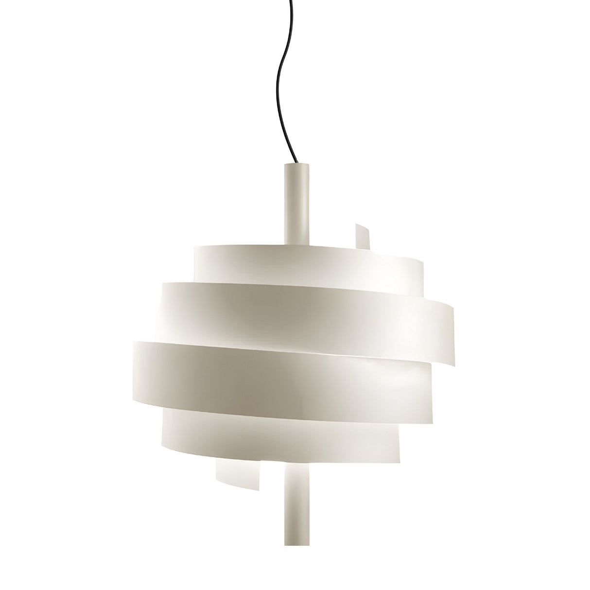 The Picasso Pendant Light - White features overlapping spiral-shaped panels around a central cylindrical core, suspended from a black cord. Its minimalist design creates an elegant silhouette and soft ambient glow against a white background.