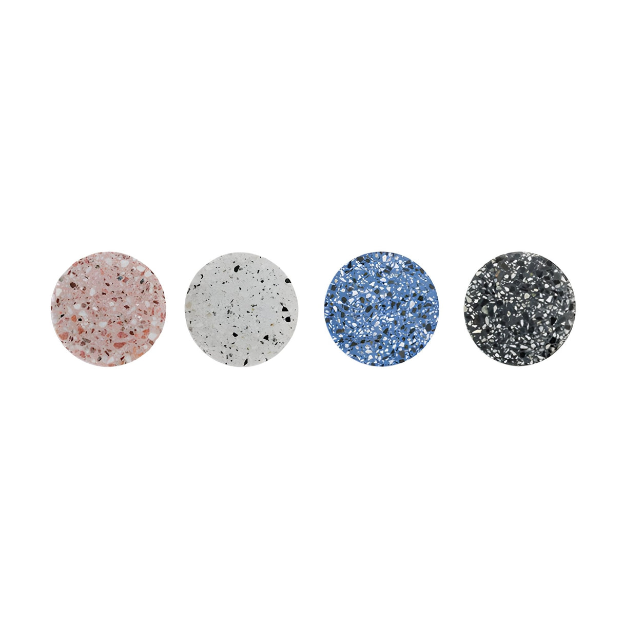 Four round terrazzo samples in pink, white, blue, and black with subtle specks are arranged on a white background, reflecting modern minimalism and perfectly complementing Pin LED Wall Light décor.
