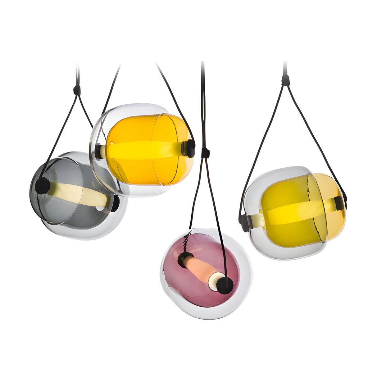 Four Prisma LED Glass Pendant Lights with rounded transparent shades hang from cords. Each pendant features a sculptural colored inner section—yellow, pink, or gray—that encases a cylindrical LED bulb.