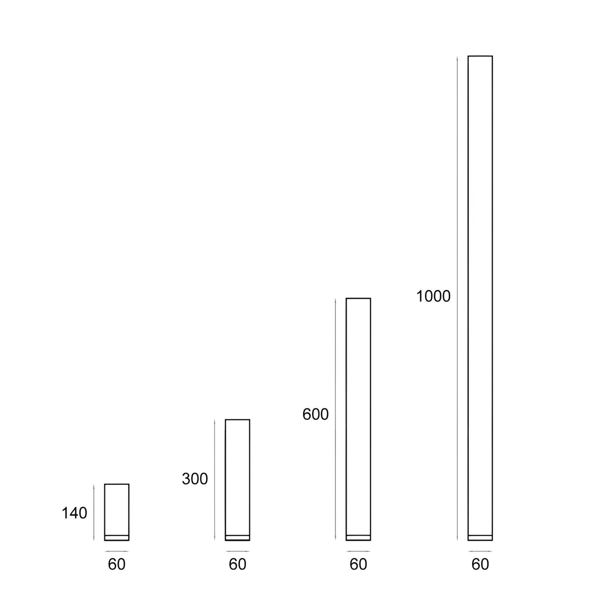 Four vertical rectangles of equal 60mm width and heights 140mm, 300mm, 600mm, and 1000mm are shown in a row, resembling the Pulcra Tube Ceiling Light - Black.