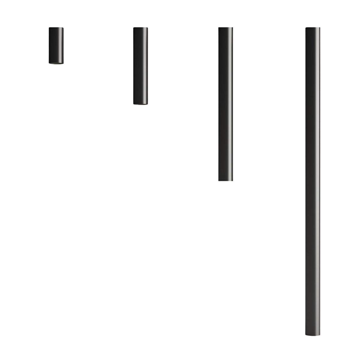 Four black Pulcra Tube Ceiling Lights of different lengths are vertically aligned from left to right against a plain white background, highlighting their minimalist tubular design and sleek aesthetic.