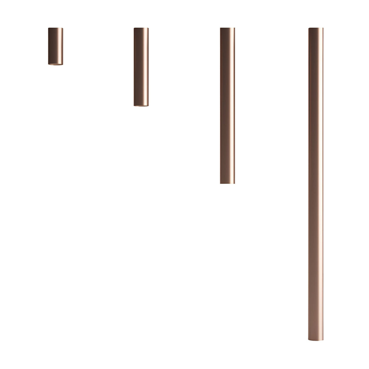 Five vertical Pulcra Tube Ceiling Lights in copper, each a different length, hang against a white background in order from shortest to longest, creating a striking display.