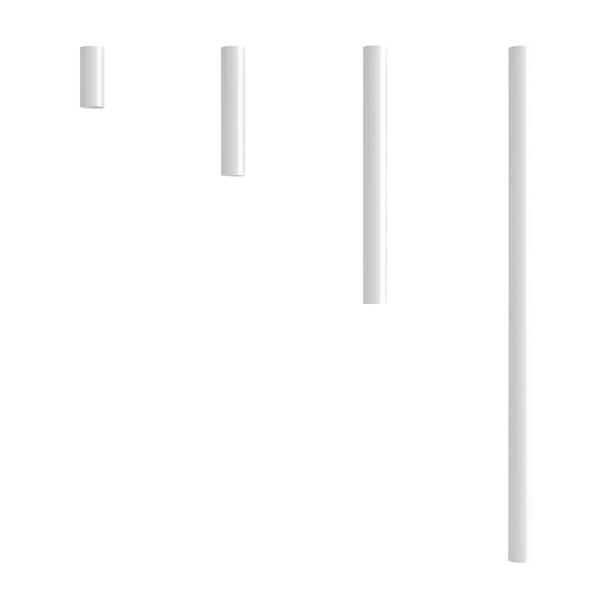 Four Pulcra Tube Ceiling Lights in white, each varying in length and thickness, are arranged diagonally from top left (shortest) to bottom right (longest) against a plain white background.