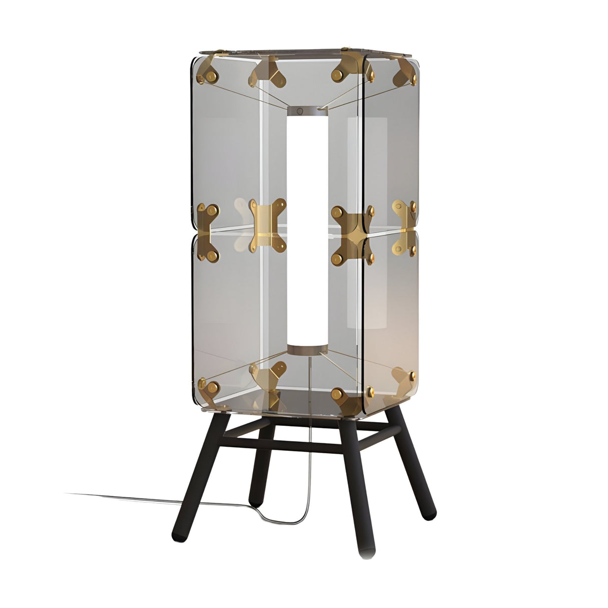 The Qbic LED Large Floor Light - Clear features a modern clear glass structure, a rectangular transparent shade, gold connectors, an energy-efficient central LED, black tripod base, and an electrical cord extending from the base.