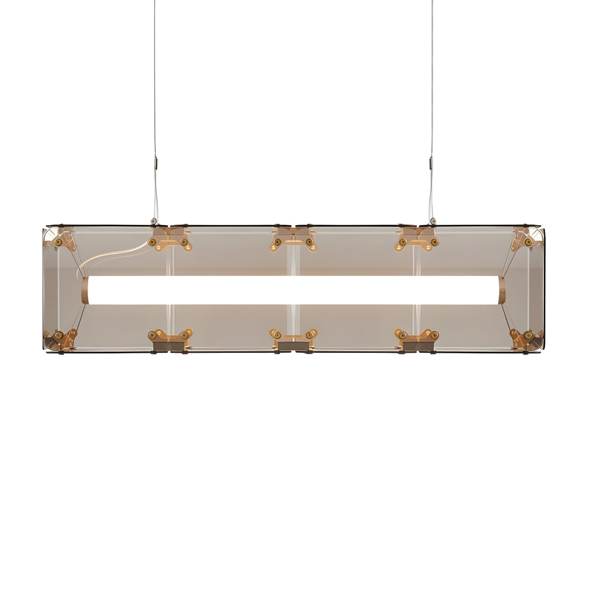The Qbic LED Large Linear Suspension Light - Clear features a modern rectangular design with a transparent casing, gold accents, and a central horizontal white light tube—ideal for lovers of clear glass lighting and industrial style.