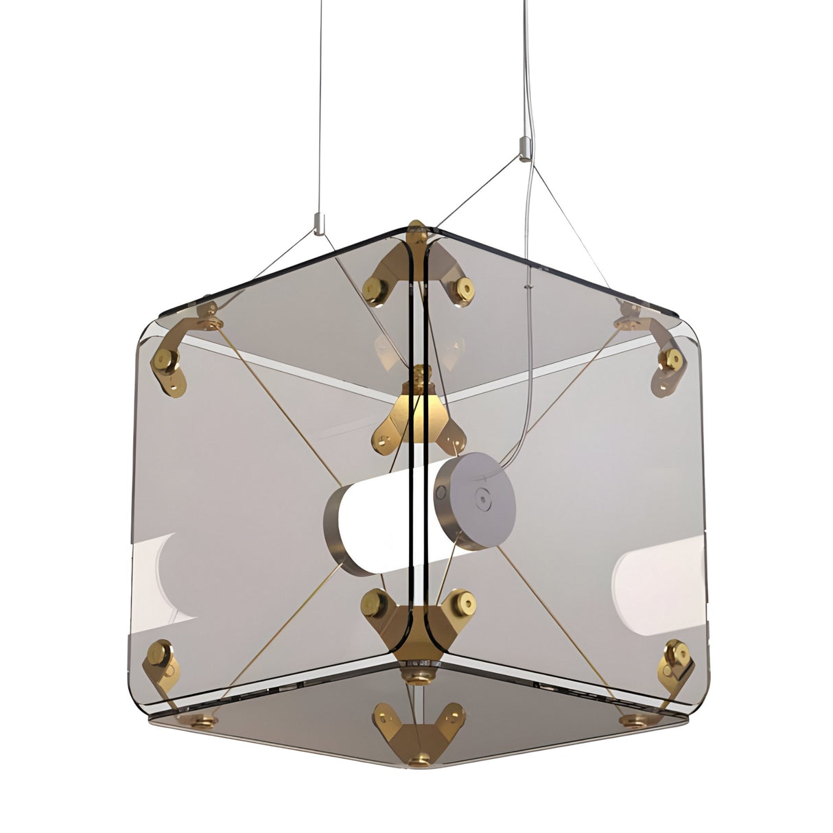 The Qbic LED Large Pendant Light - Clear features a modern geometric clear glass cube shade with brass connectors at the corners, thin suspension wires, and an exposed bulb.