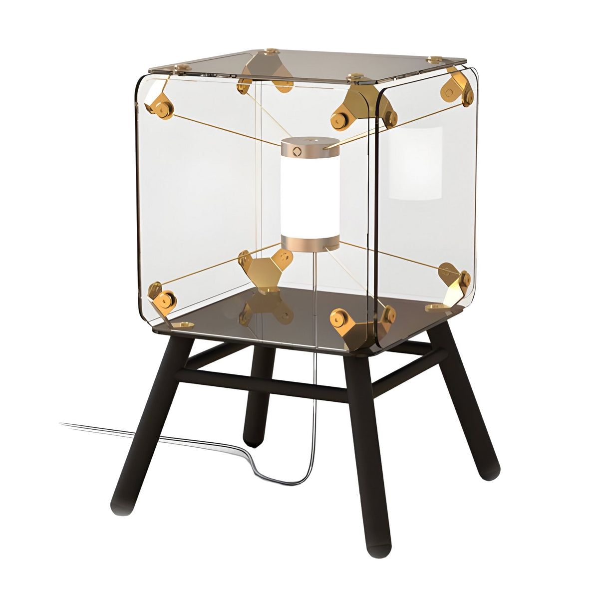 The Qbic LED Small Floor Light - Clear features a transparent cube-shaped glass enclosure, gold corner accents, a central LED bulb for efficient lighting, and four black angled legs with an exposed power cord.