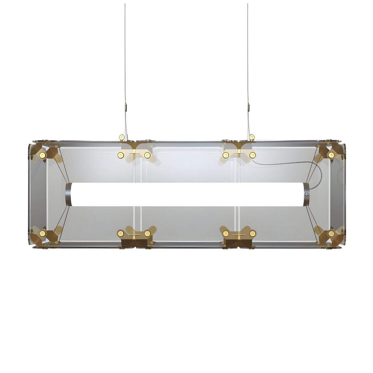 The Qbic LED Small Linear Suspension Light - Clear is a rectangular, transparent chandelier with metallic accents and suspension wires. Its modern geometric design features an open center and visible corner connectors for energy-efficient lighting.
