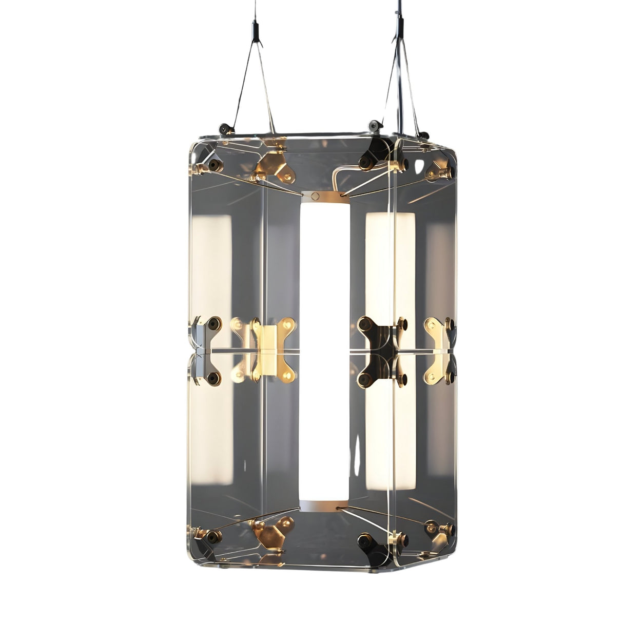 The Qbic LED Small Pendant Light - Clear features a modern rectangular design with transparent panels, black and gold metal accents, and two slim black suspension cables. An energy-efficient LED is centrally positioned inside the frame.