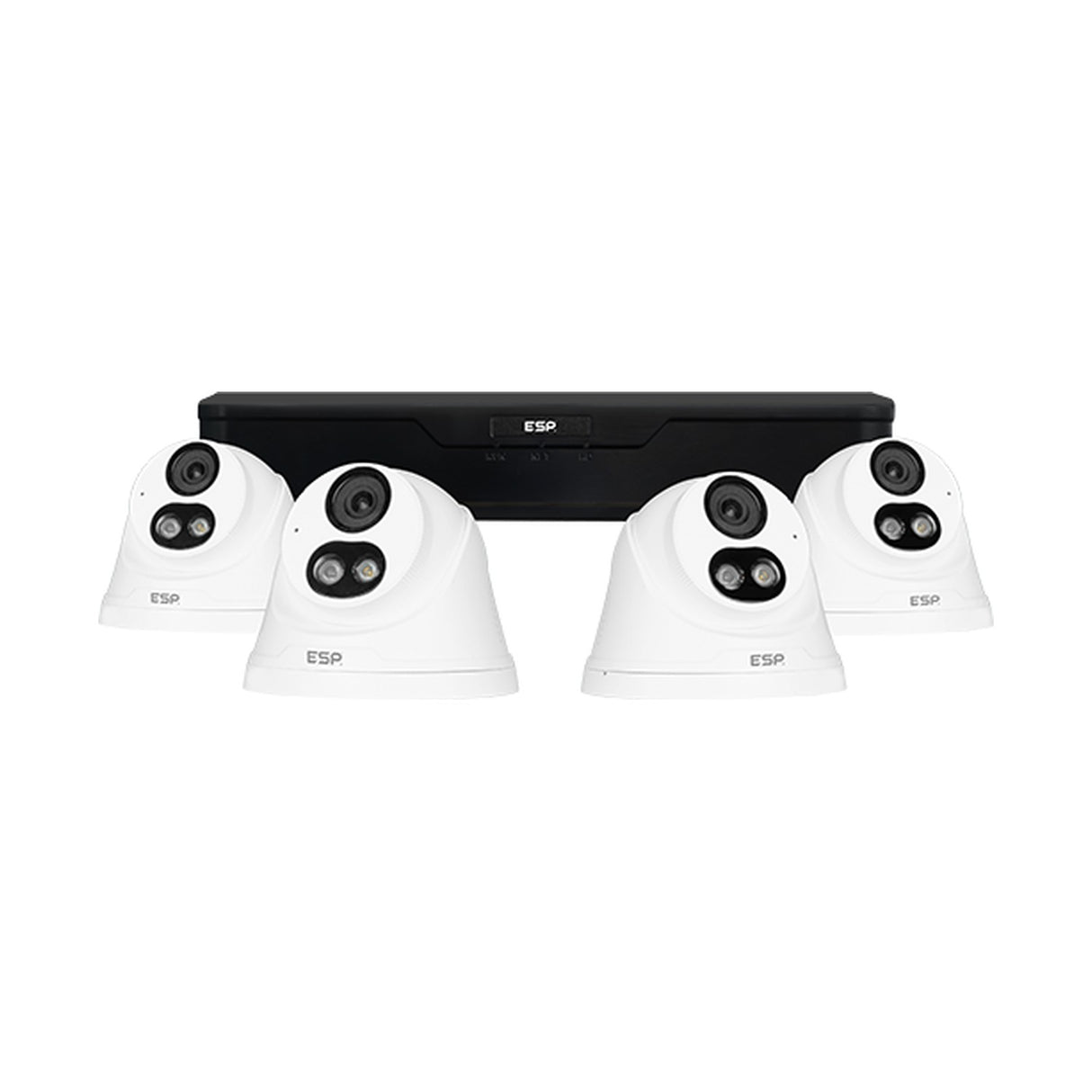 ESP RekorIP 24/7 CCTV kit with four white 2MP turret cameras and a black four-channel PoE recorder on a plain white background.