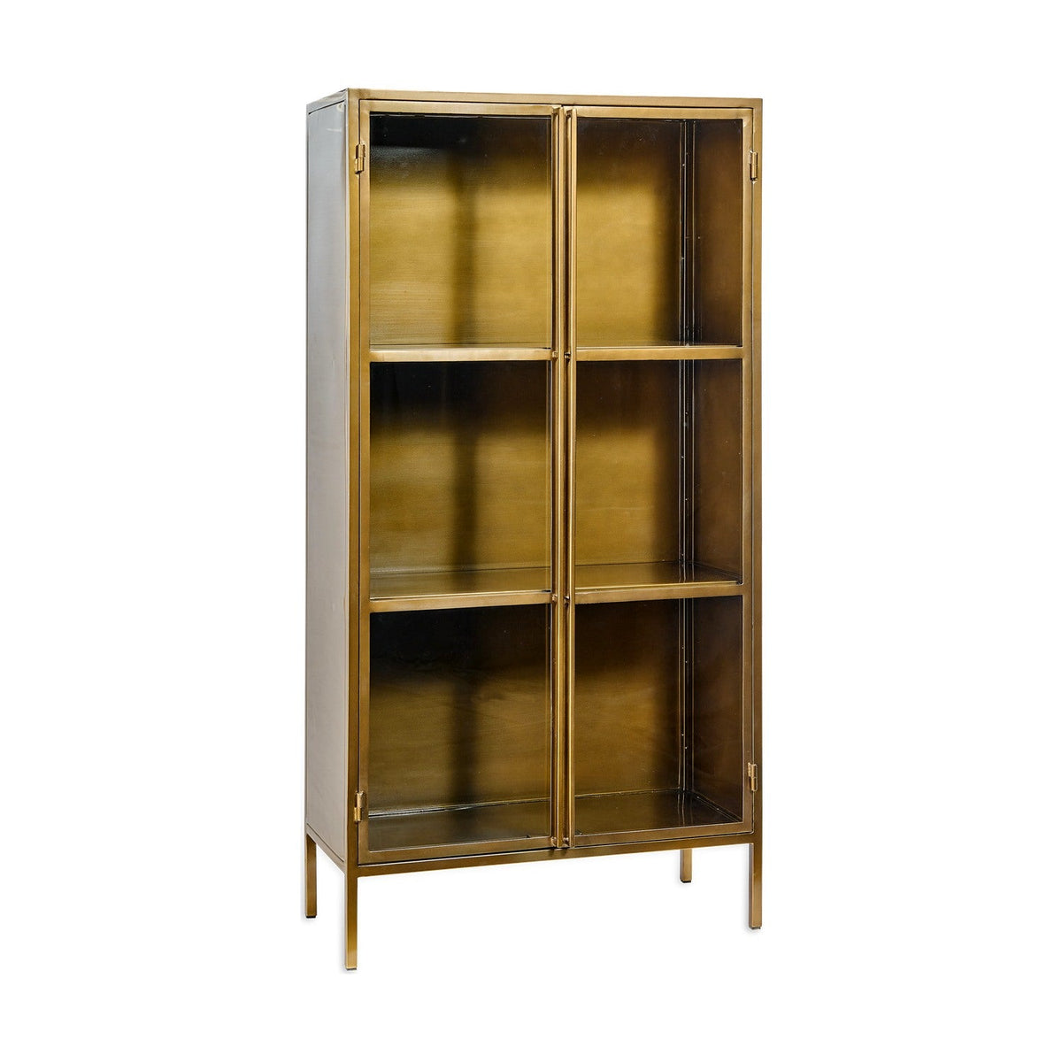 Ranchi Tall Iron & Glass Display Cabinet - Antique Brass