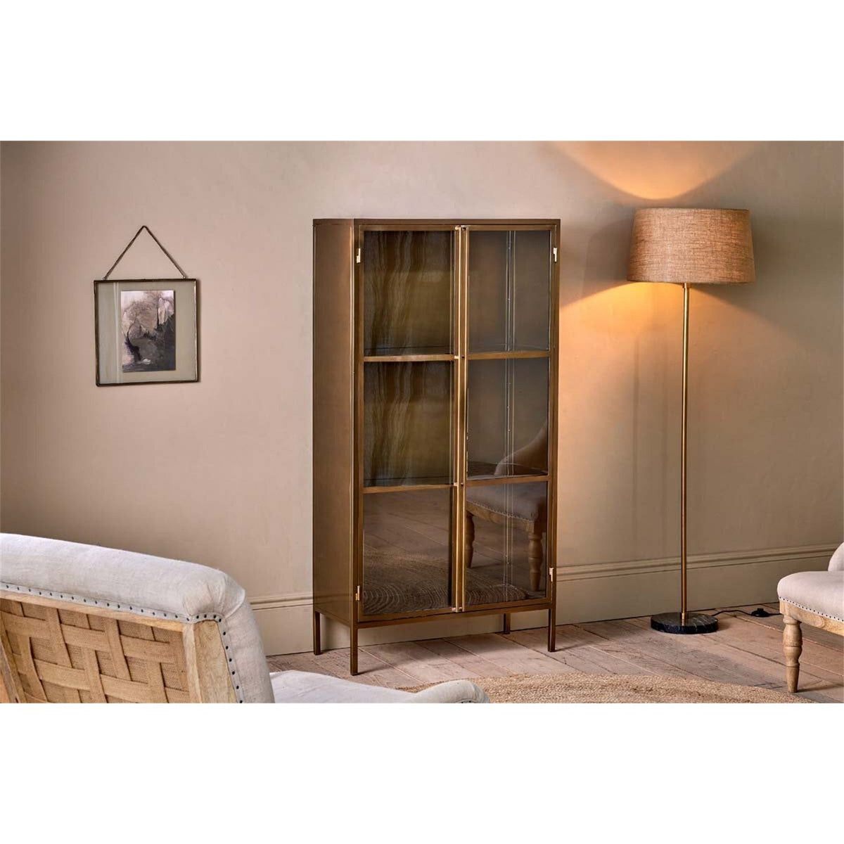 Ranchi Tall Iron & Glass Display Cabinet - Antique Brass