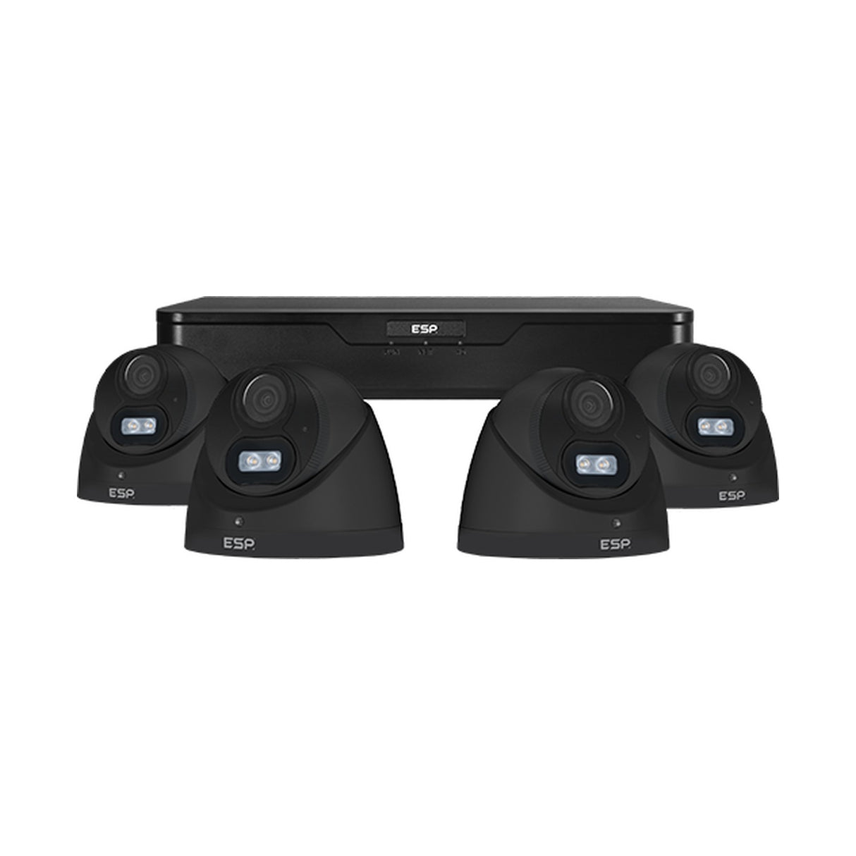 ESP RekorHD 4-channel CCTV kit with four black 2MP turret cameras and a 1TB recorder, shown on a plain white background.