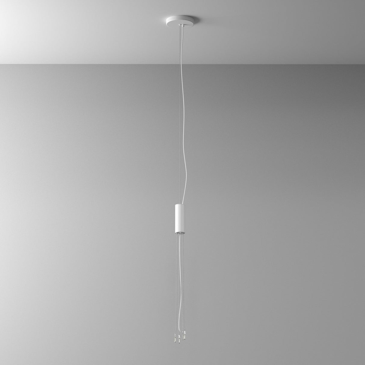 The Zon Universal Pendant Set Light Fitting in white features a minimalistic design with an adjustable cord and cylindrical housing, holding three delicate wires with small bulbs. Its perfect for enhancing minimalist interiors.