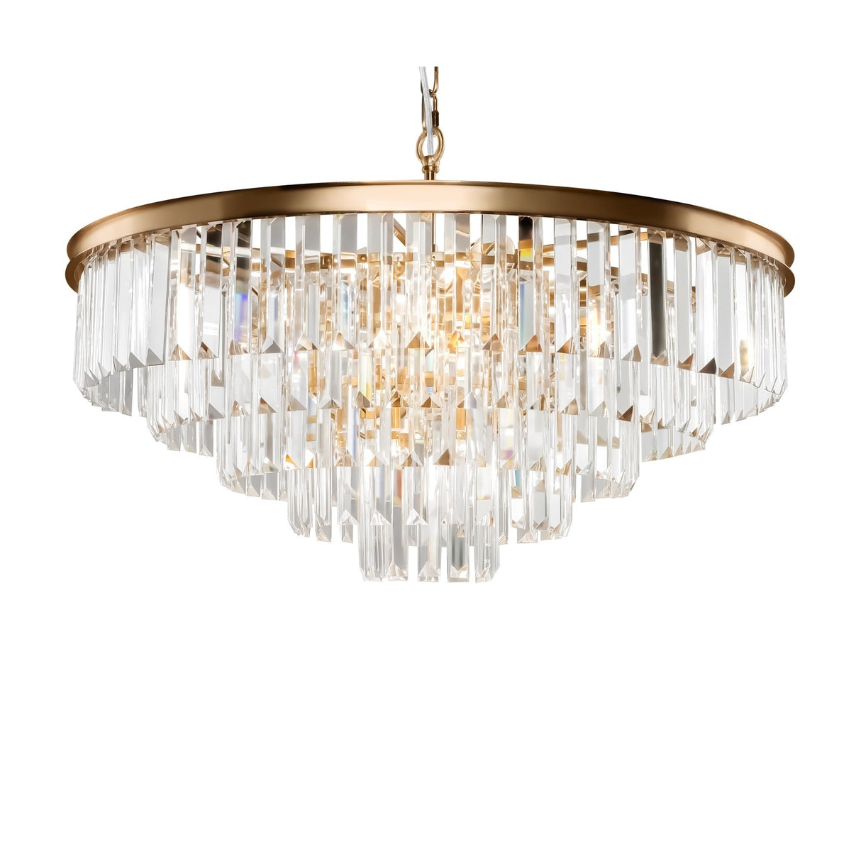 The Revero 12 Light Chandelier - Brass features a gold circular frame with tiers of sparkling crystal pendants, exuding elegance against a pristine white background.
