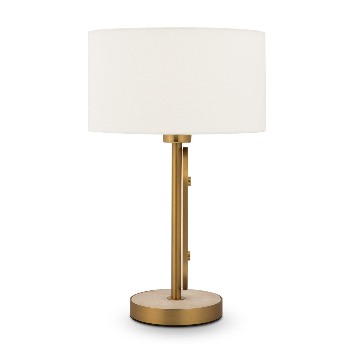 The Marmo Table Lamp features a gold-plated brass base and a cylindrical white fabric shade. Its sleek design, with a circular base and vertical rod, elegantly complements any space, enhanced by natural stone plates.