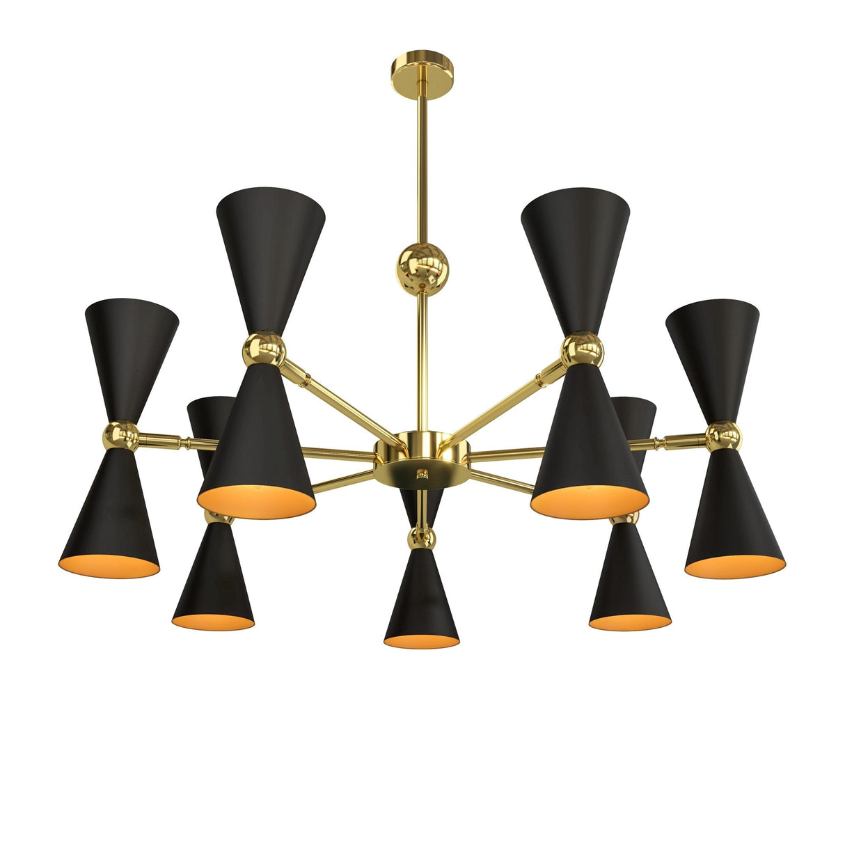 The Vesper 14 Chandelier - Gold & Black is a modern piece with six cone-shaped shades on pairs of rods extending geometrically, featuring a gold interior for warmth.