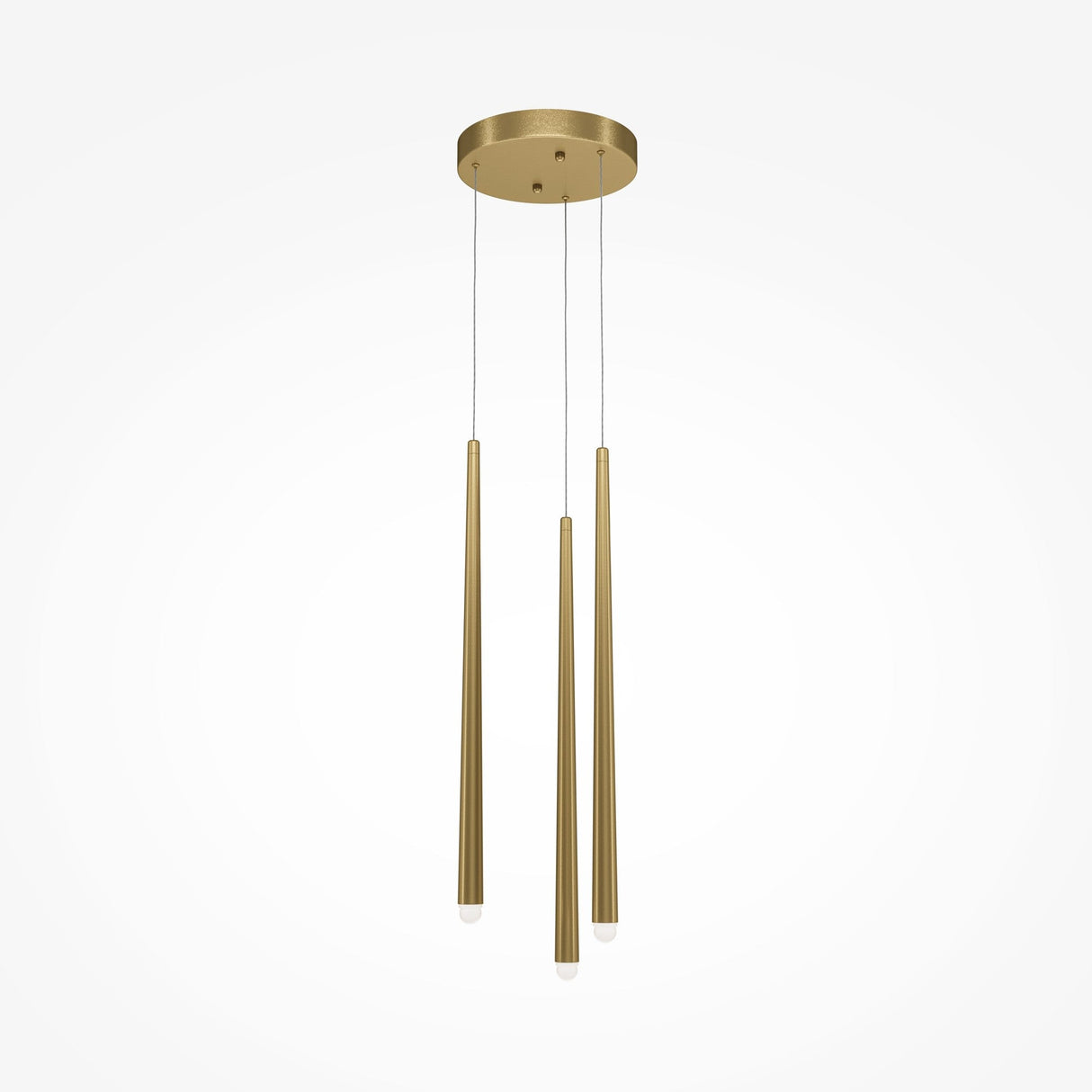 The Cascade CCT Dimmable LED Cluster Pendant Light features three elongated brass pendants hanging from a round mount. With sleek cables, this modern fixture showcases elegance, each pendant tapering to a rounded end against a plain white background.