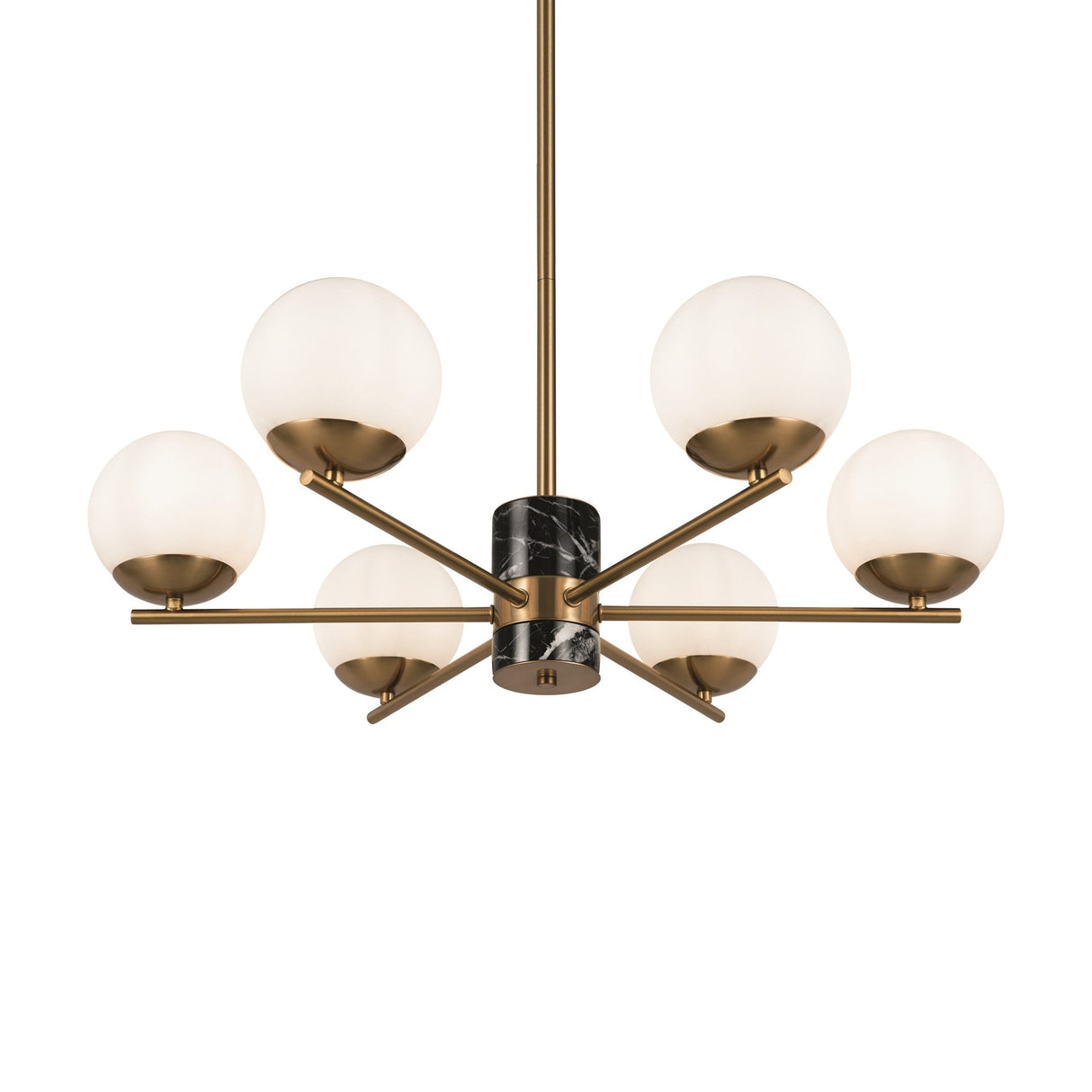 The Marble 6 Light Chandelier - Brass features a black cylindrical base with a brass frame and five radial opal glass globes.