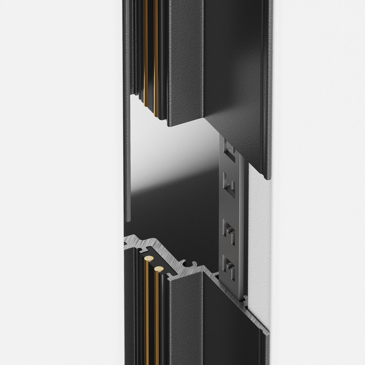 The S35 Tracks Recessed Straight Connector in grey is showcased with a modular, architectural black structure featuring gold detailing and reflective surfaces. Its magnetic track system highlights interlocking components against a plain white background, reflecting modern design.