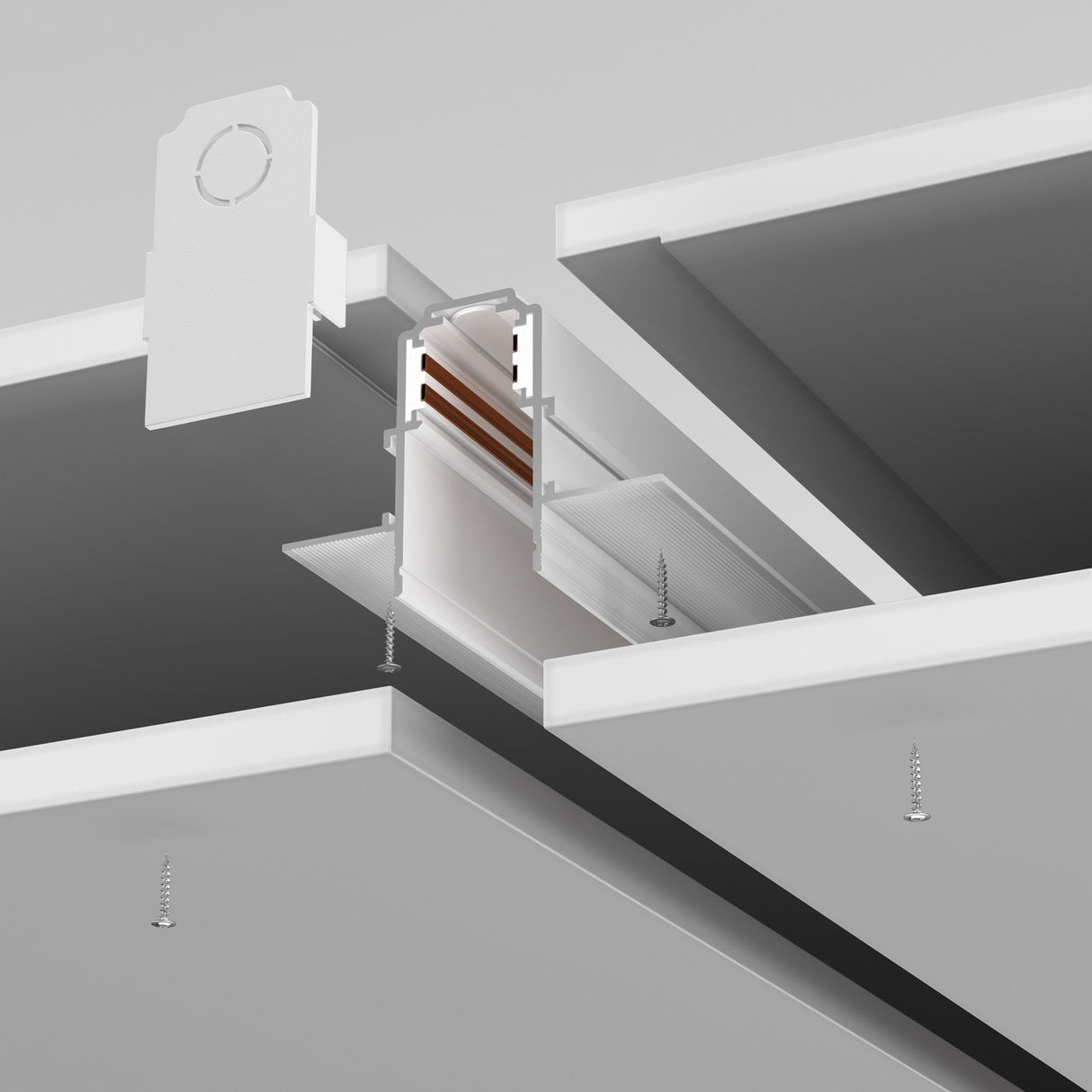 Illustration showing a cross-section of a ceiling installation with the Exility Magnetic Recessed Track 1m for Plasterboard 12.5mm in white. It features the lighting fixture integrated into the ceiling layers, supported by metal brackets and screws, highlighting its structured, customizable design.