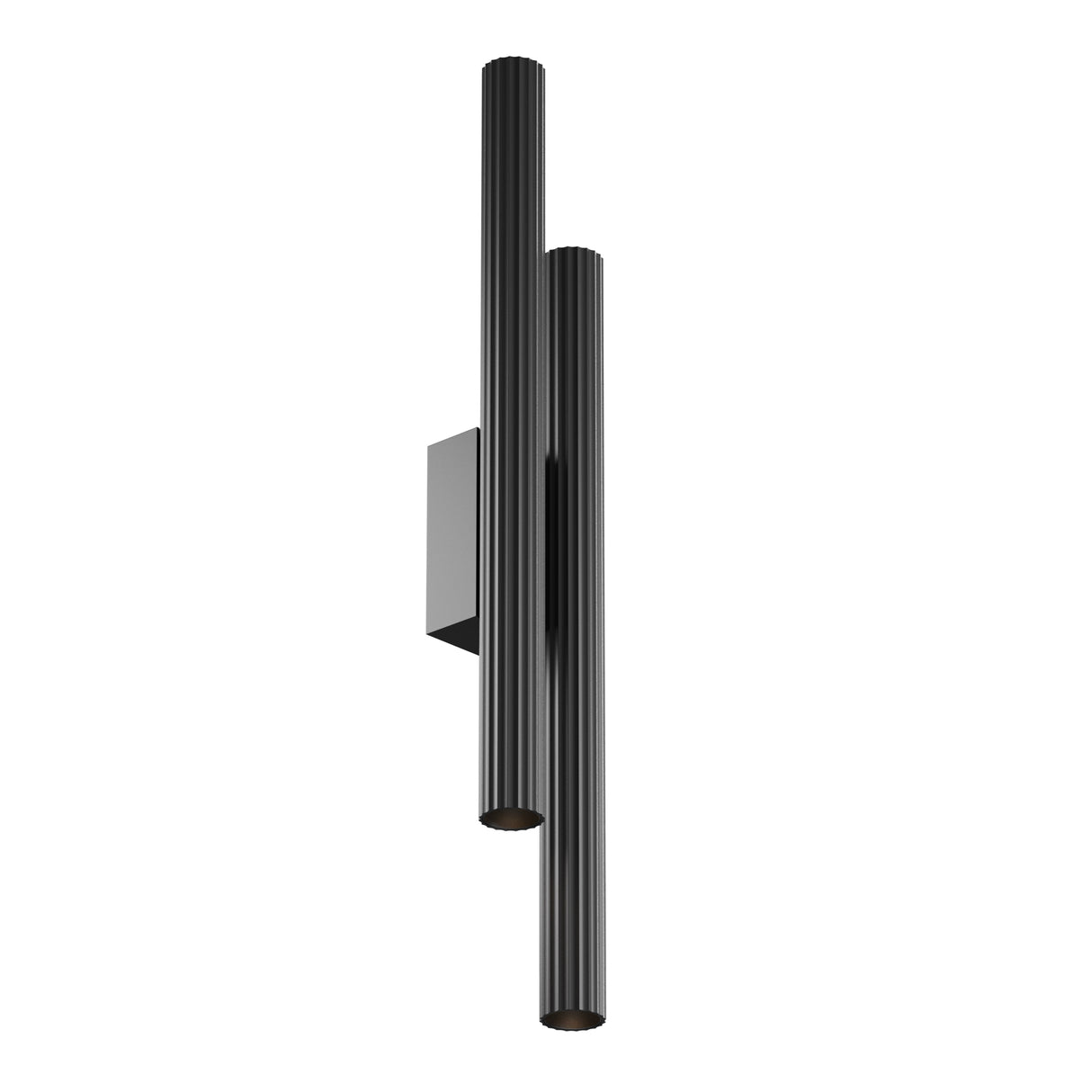 Maytoni Calipso Column LED wall light in black, featuring two fluted aluminium cylinders of differing heights on a rectangular backplate.