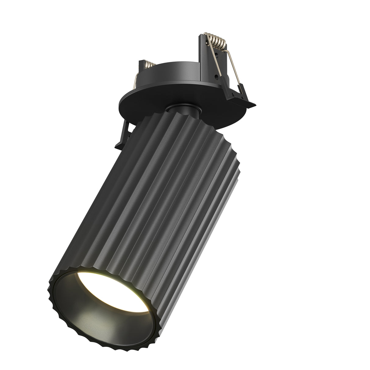 Maytoni Calipso recessed downlight in black with fluted aluminium cylindrical body, spring clips, and GU10 lamp aperture on a white background.