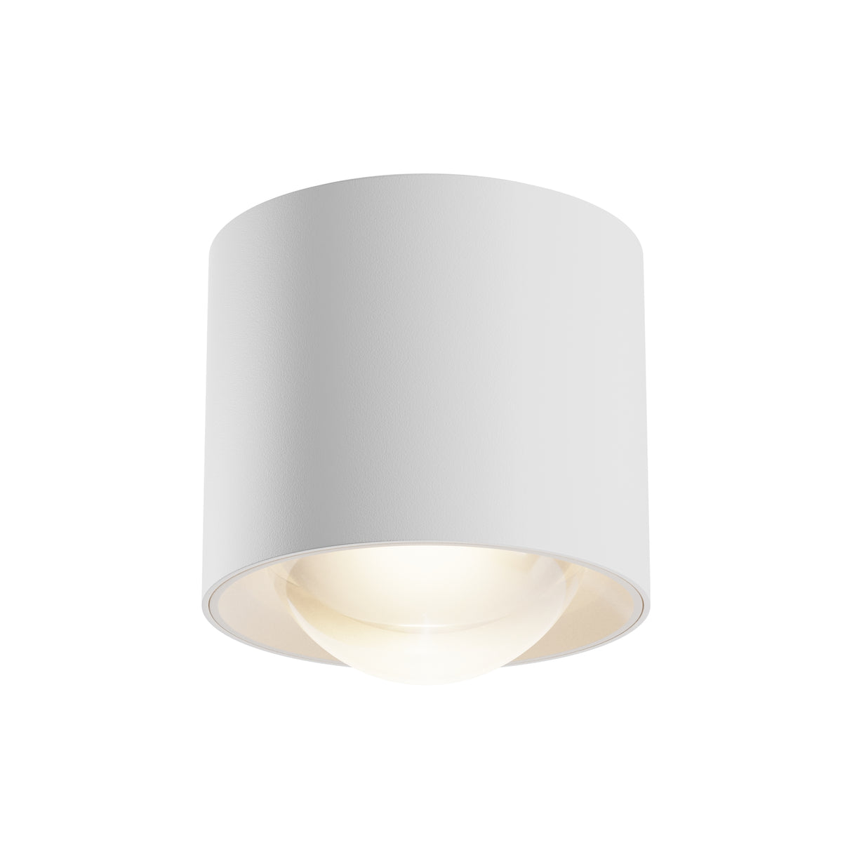 Maytoni Lens Fabric cylindrical LED ceiling light in white powder-coated aluminium with warm-lit recessed lens, shown on a plain white background.