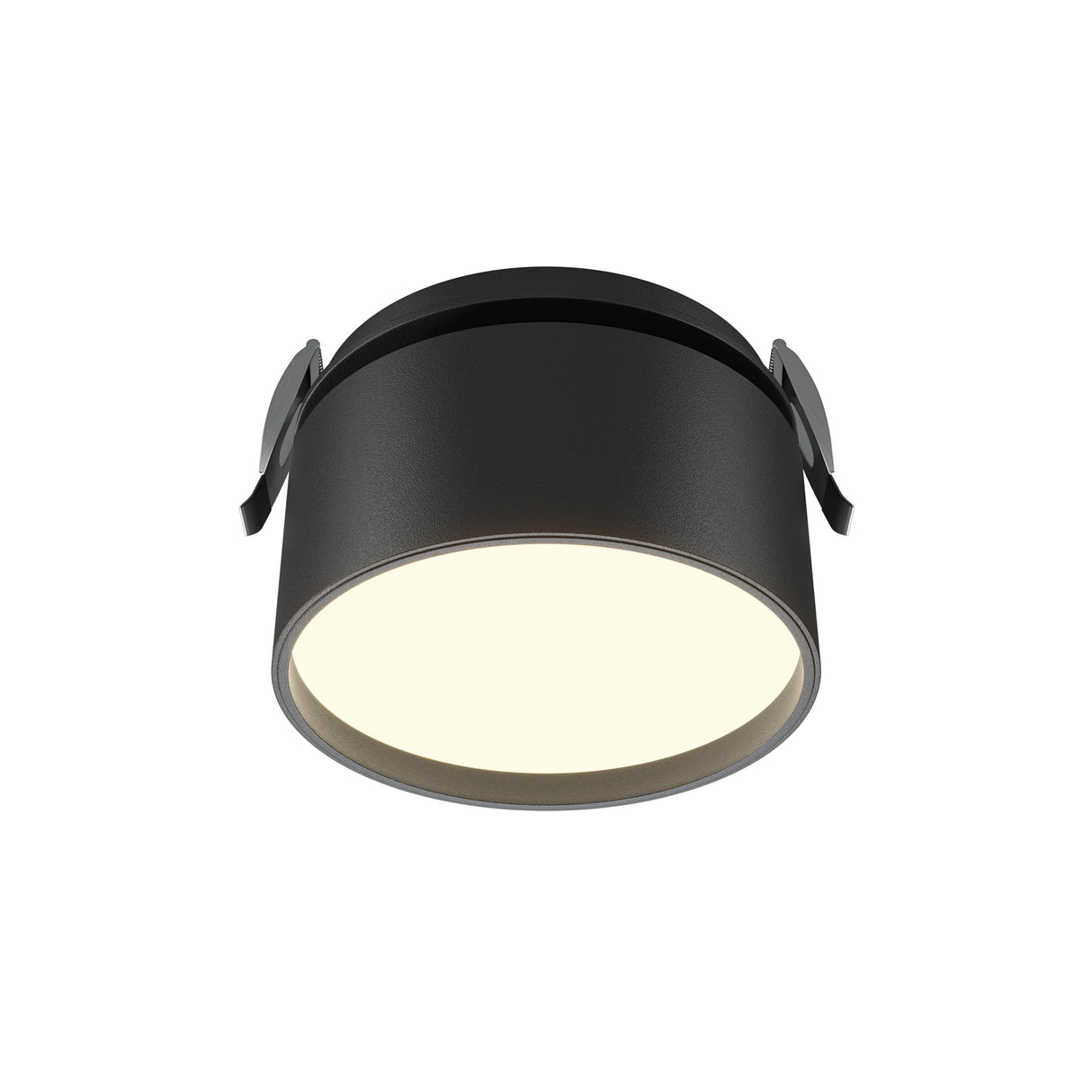 Maytoni Onda recessed LED downlight in black aluminium with cylindrical bezel, frosted diffuser and side spring clips, on a white background.