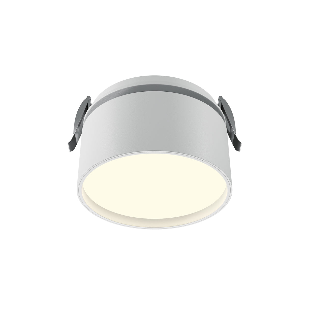 Maytoni Onda recessed downlight in white with cylindrical aluminium housing, frosted diffuser and side spring clips, shown on a plain background.