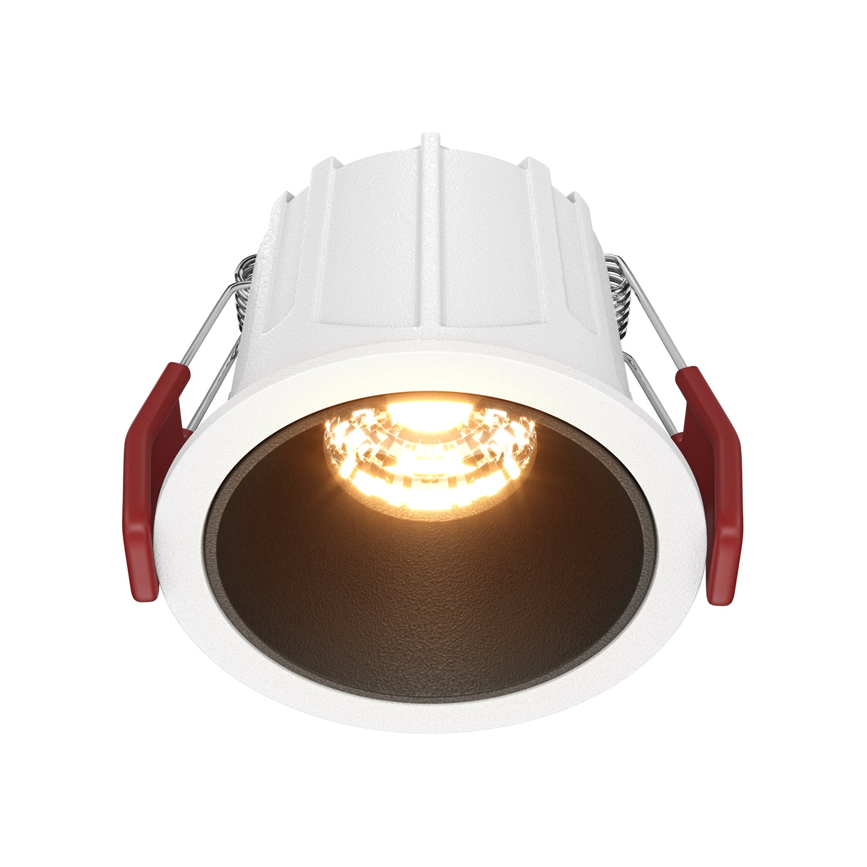 Maytoni Alfa 10W LED recessed downlight with white aluminium bezel, black reflector cone, and red mounting clips, on a plain white background.