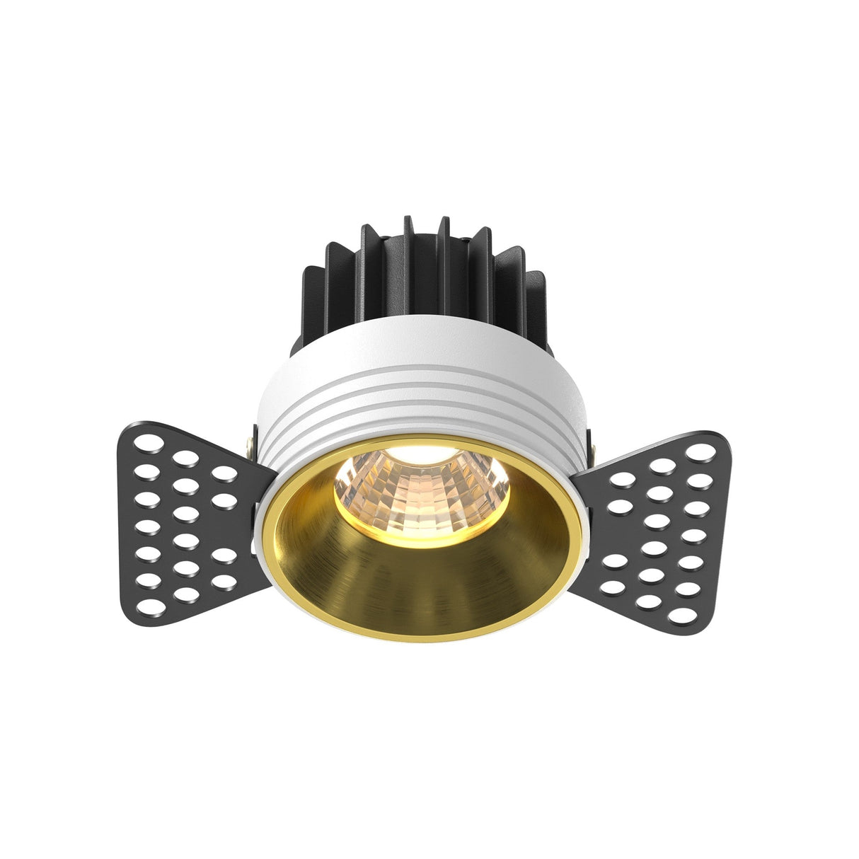 Round LED recessed trimless downlight in brass, ideal for discreet and modern lighting with a warm glow.
