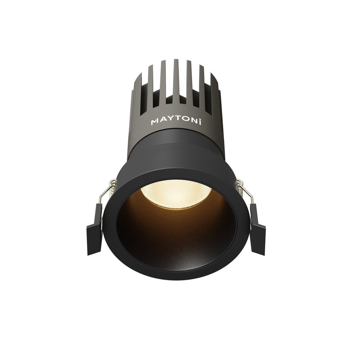 Maytoni Dip 15W 3000K recessed LED downlight in matt black aluminium with deep reflector, heat-sink top and spring clips, on a white background.