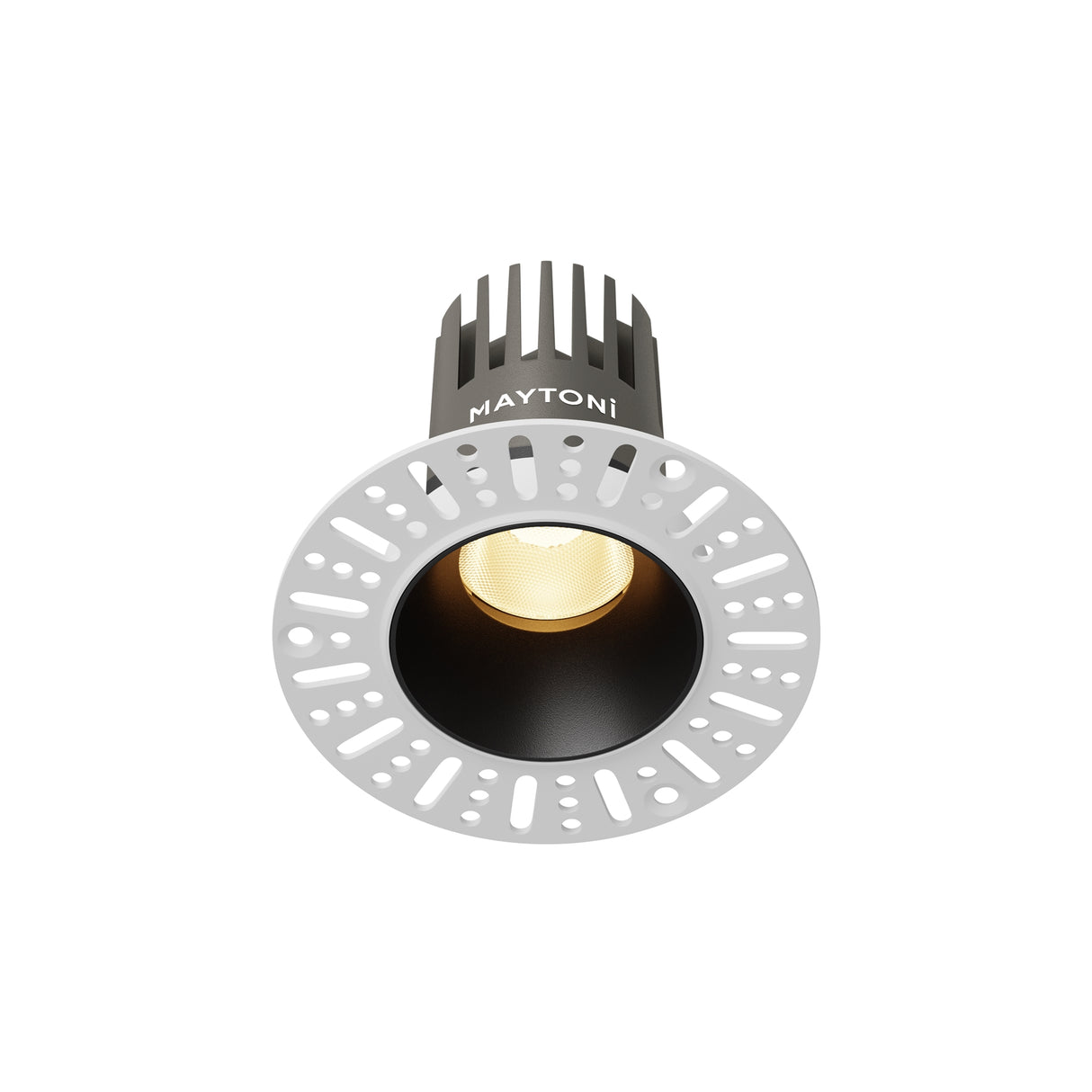 Maytoni Dip 10W LED recessed downlight with black aluminium cone and perforated white trim-less bezel, shown on a plain white background.