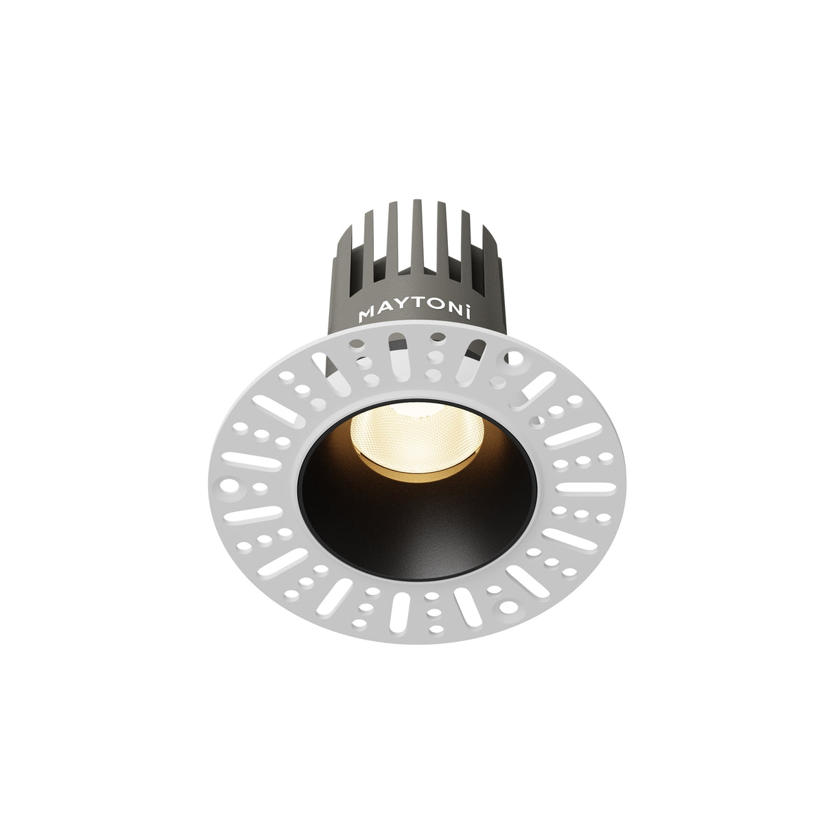 Maytoni Dip 10W 3000K LED recessed downlight with black aluminium body, black baffle and white perforated trim ring on a plain background.